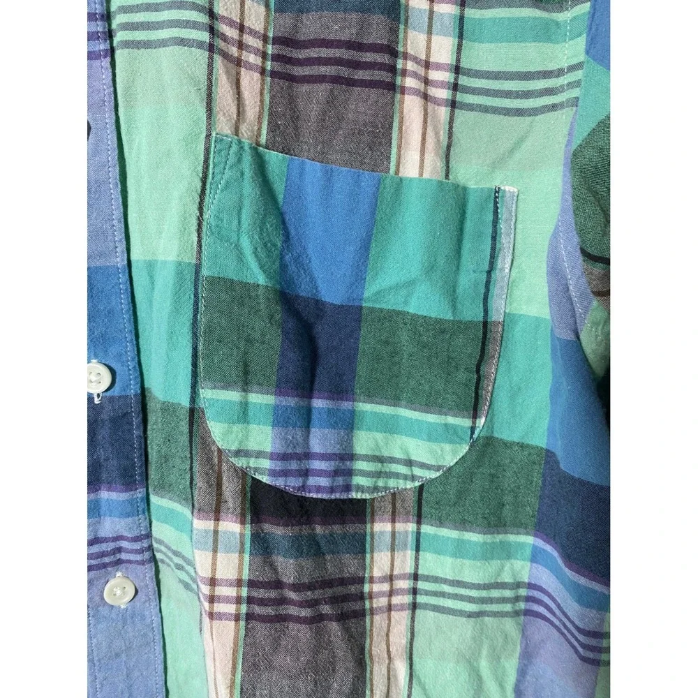 J.Crew Indian Madras Slim Fit Button Up Shirt Blue Green Plaid Shirt Mens MEDIUM